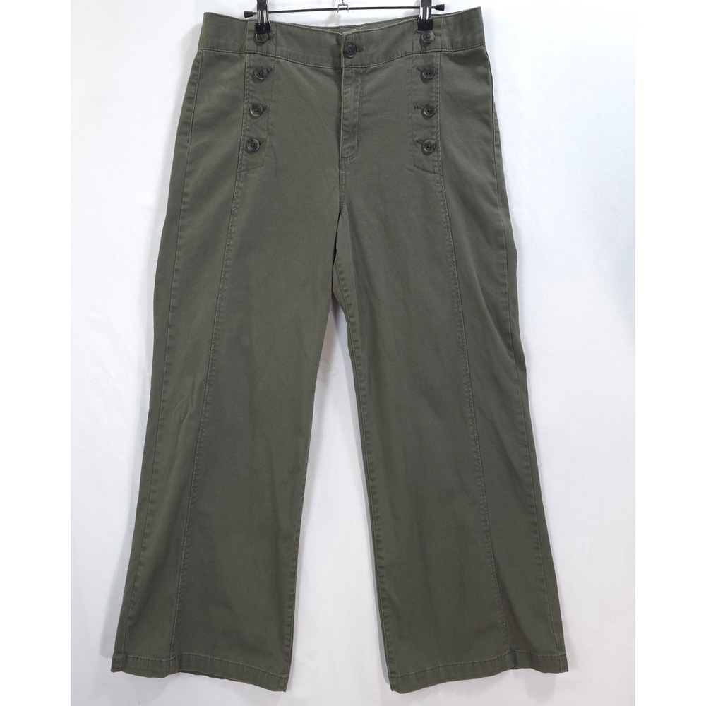St Johns Bay Wide Leg Pants Sailor Button Women 10 Olive Green Nautical Style - Picture 2 of 12